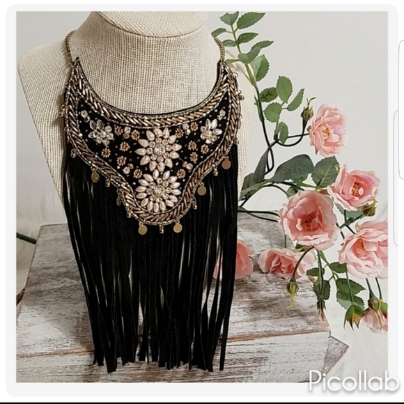 Jewelry - Black Suede Fringe Bib Necklace